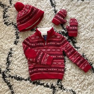 Holiday Christmas winter fair isle knit sweater Sherpa pullover, hat, & mittens